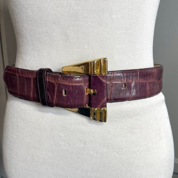Unknown Accessories - Vintage Mobwife Statement Leather Belt Burgundy Croc Embossed Gold Buckle S/M